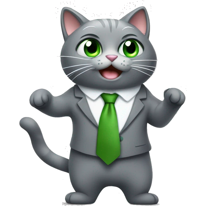 dancing grey cat with green eyes and tie emoji