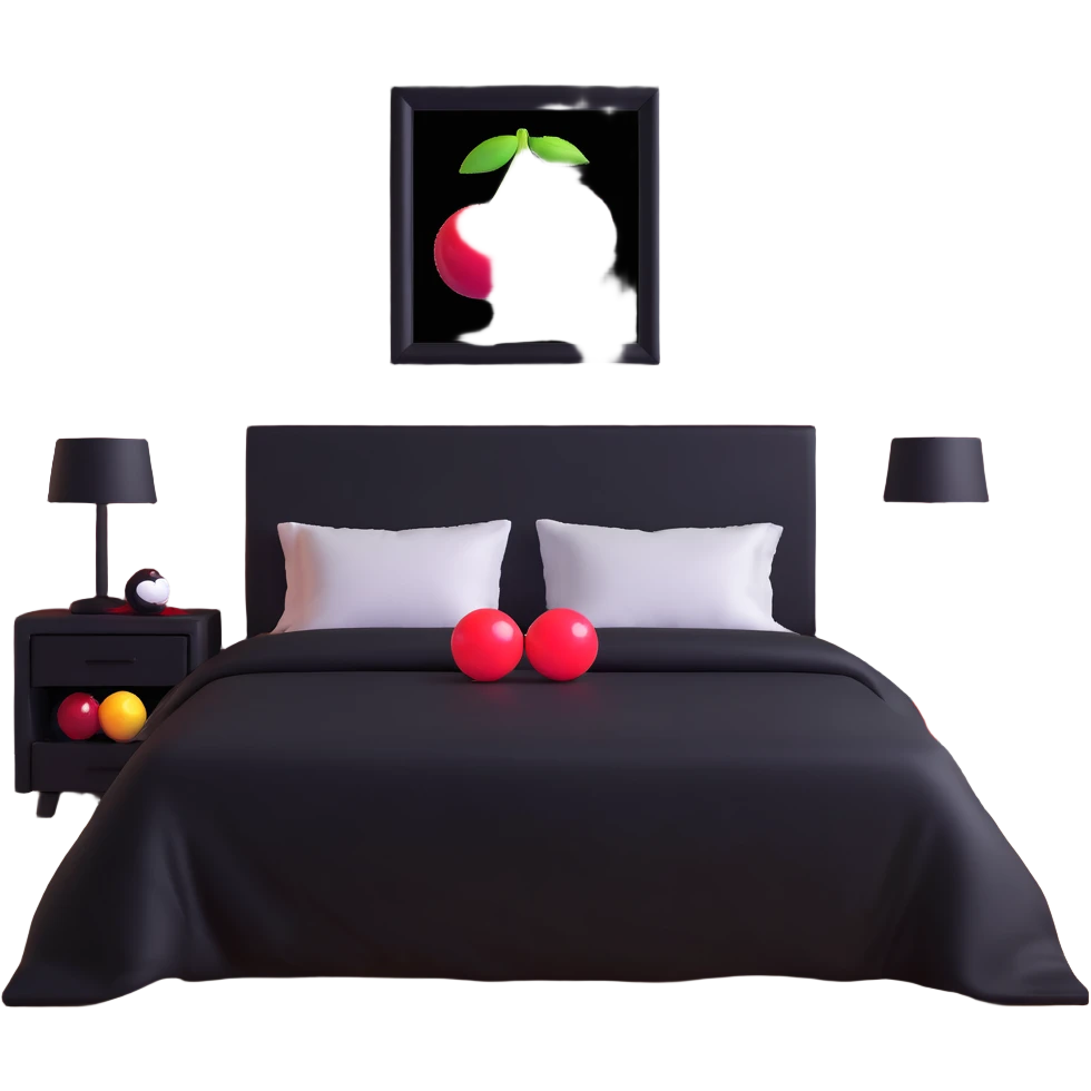 dark bedroom with black walls, black bed frame with black sheets, framed paintings of magic 8 balls and cherries, black nightstand with red LED lights emoji