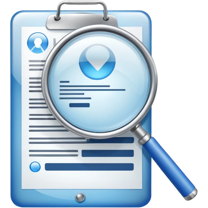 create a realistic emoji showing a logistic contract with a magnifying glass with color blue and white glassy style no gold, only gray emoji
