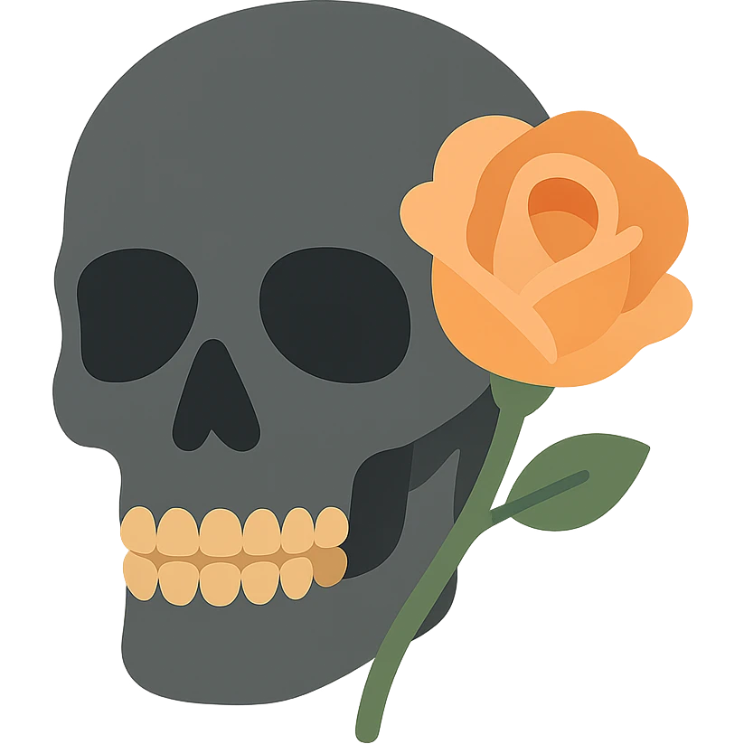 A dark, grey skull with sharp, angular features and a mysterious, haunting aura, featuring a rose delicately placed in one of its hollow eye sockets. The skull is in shades of grey, accented with soft tones of golden orange (FA9B41), forest green (4A7C5C), muted taupe brown (96775A), and pastel peach (FFCC9A). The rose, vibrant in its peach and orange hues, contrasts with the cold, eerie grey of the skull, its petals unfurling gently around the eye socket. The background is dim and shadowy, with a faint, mystical glow illuminating the skull and rose, adding to the gothic and slightly surreal atmosphere. The scene feels both haunting and beautiful, with a touch of elegance. emoji