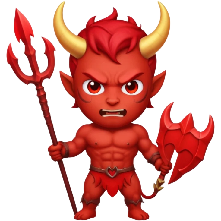 Emoji-style devil: red skin, horns, muscular body, red trident, angry face, same cute emoji style as the angel. emoji
