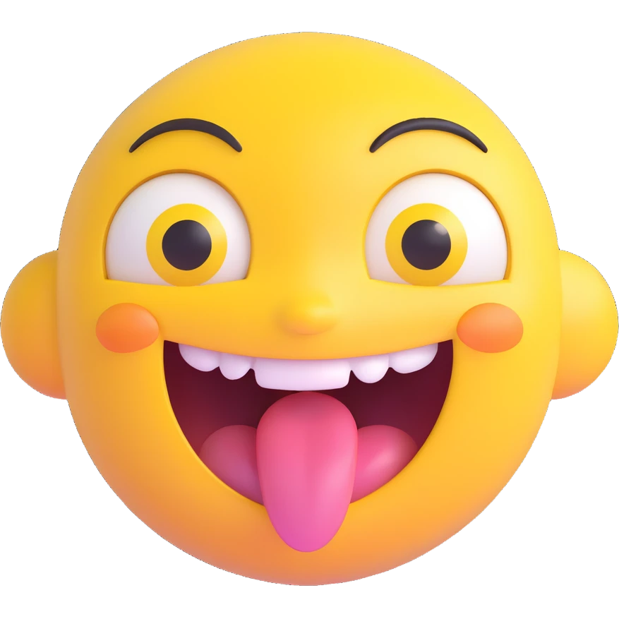 cute 3D cartoon emoji of a happy yellow face, big glossy eyes, open mouth smiling, shiny surface, small tongue showing, isolated on transparent background emoji