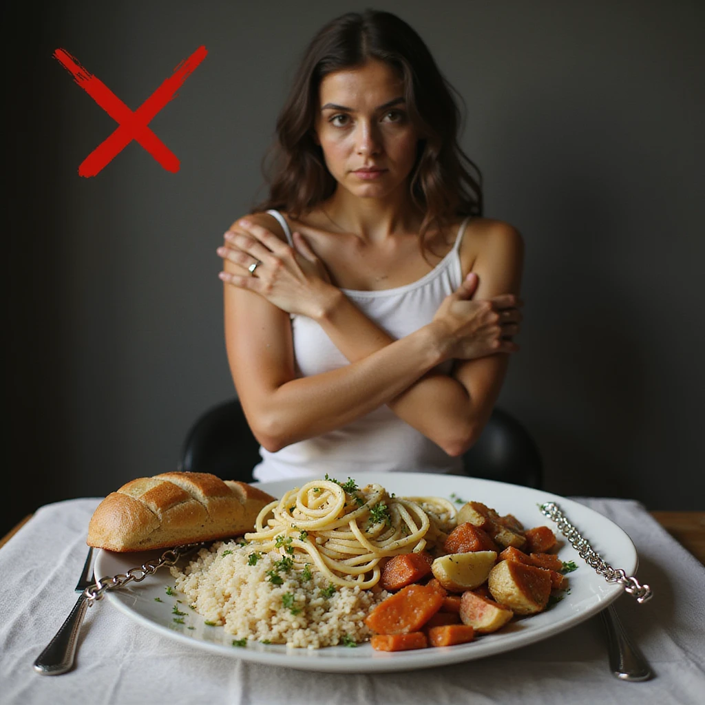 realistic style woman crossing arms and looking away rigidly from a plate with bread, pasta, rice, and potatoes, symbols including a red Italian X and chains, atmosphere of refusal, Italian text if present emoji