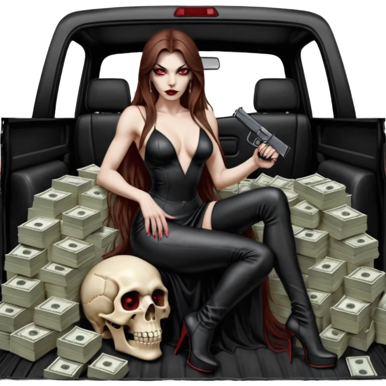Lilith red eye seductress evil long brown haired sexy succubus woman with leather long seductive dress on, sitting in Big Large F350 pickup truck. Wearing super tall black platform high heels, Back seat full of stacks of cash, she is  Holding a human skull of her enemies and a gun in other hand emoji