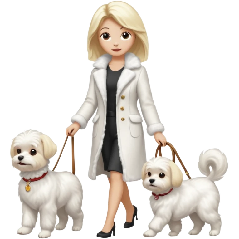 blonde woman wearing white, walking ONE maltese dog emoji