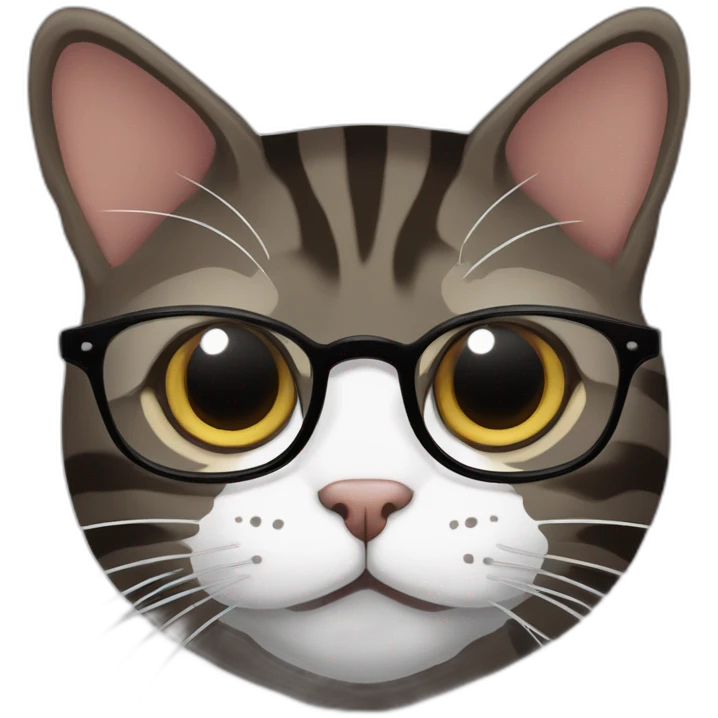Striped wenge domestic shorthair cat head with white mouth wearing glasses emoji