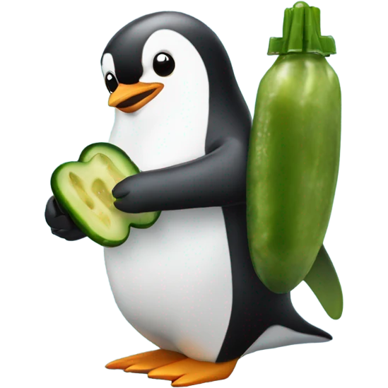 Penguin eating a pickle with a jet pack emoji
