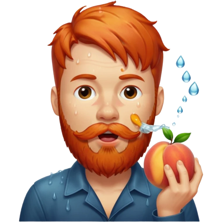 Man with red beard, eating peach, spit, drool, wet, rain drops emoji