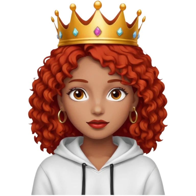 Slim girl with a fine face, dark chocolate-colored and tanned skin, medium-length curly tomato-red hair, dark eyes, medium-thick eyelashes, and a crown and hoop earrings wearing a white hooded sweatshirt.
 emoji