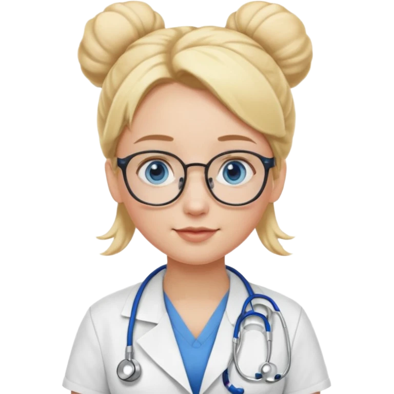Blonde hair with two buns, blue eyes, stethoscope, and glasses emoji