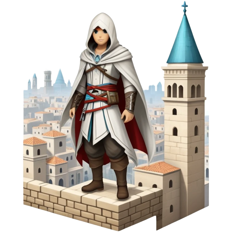 An icon representing an adventure game, inspired by Assassin's Creed. The design features a heroic character in hooded attire, scaling a tall building in a historical cityscape. The background shows ancient architecture and hidden symbols, symbolizing exploration and stealth. Transparent background  emoji
