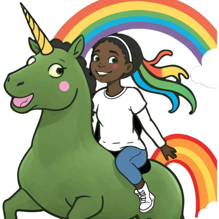 Black girl riding a unicorn farting rainbows emoji