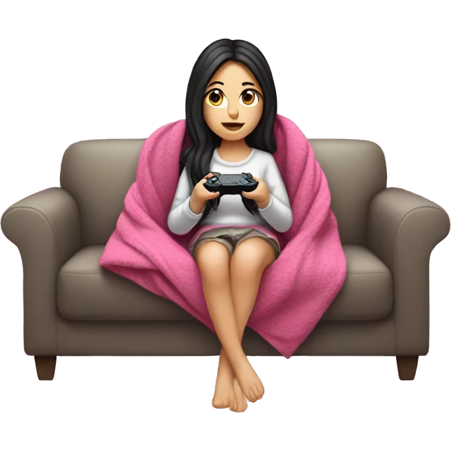 White girl with dark hair wrapped up in a blanket sitting on a couch with a pink gaming controller in her hands emoji