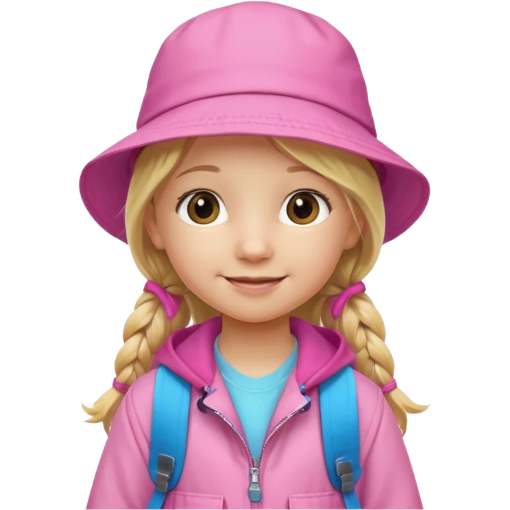 Little girl kid student, long braid blonde, wears pink bucket hat and jacket, backpack, happy emoji