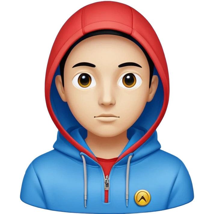 "A stylized digital illustration of a humanoid figure wearing a blue hoodie. The figure has a smooth, glossy red face with two large, round black eyes. The hoodie has a small emblem on the chest, resembling a minimalist symbol. The background is a solid pastel yellow, creating a clean and modern aesthetic. The art style is cartoonish and futuristic, with bold outlines and simple shading." emoji