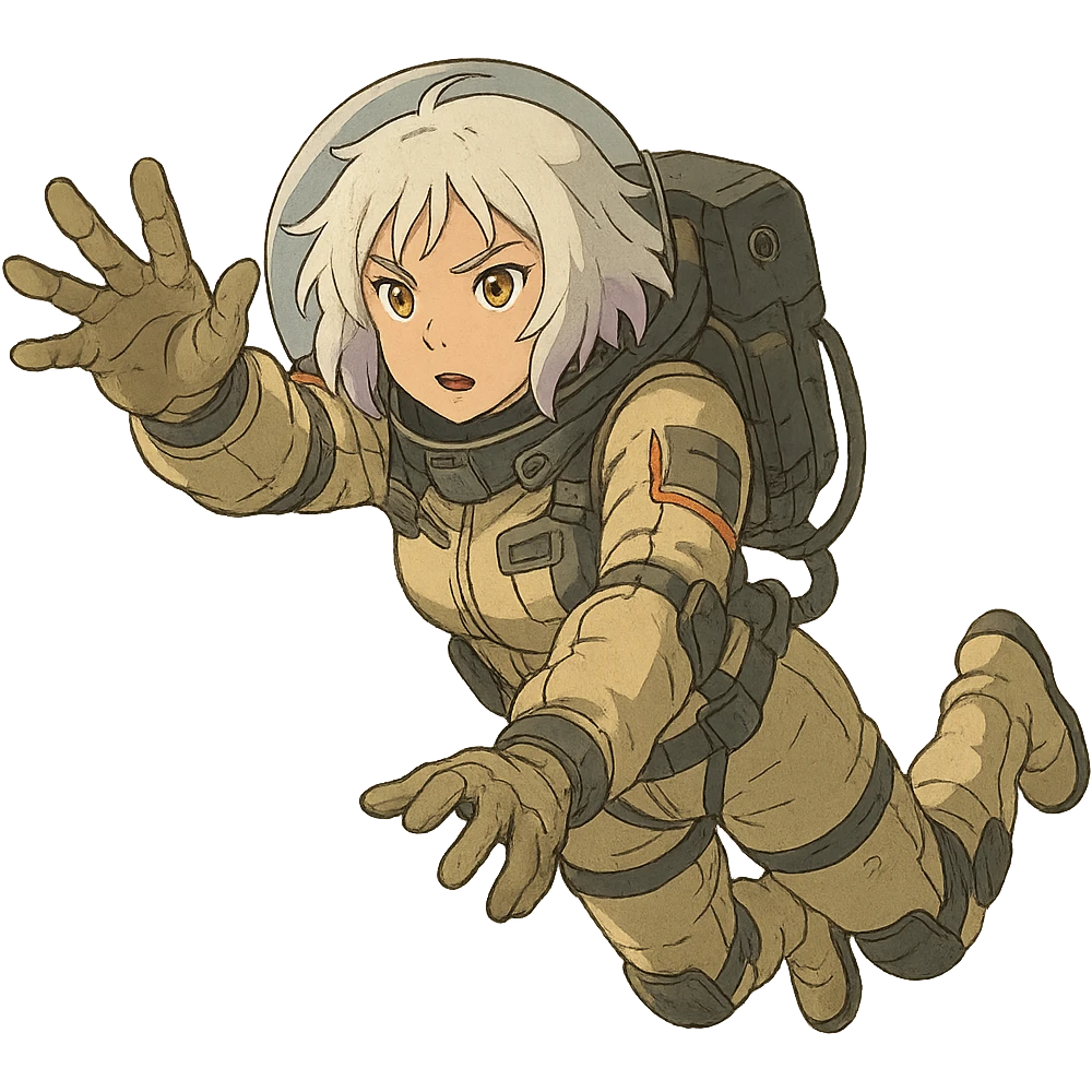 1 female, white hair lavender tips gold yellow eyes, a tactical female space warrior floating in zero-g EVA operations, reaching in front of her emoji