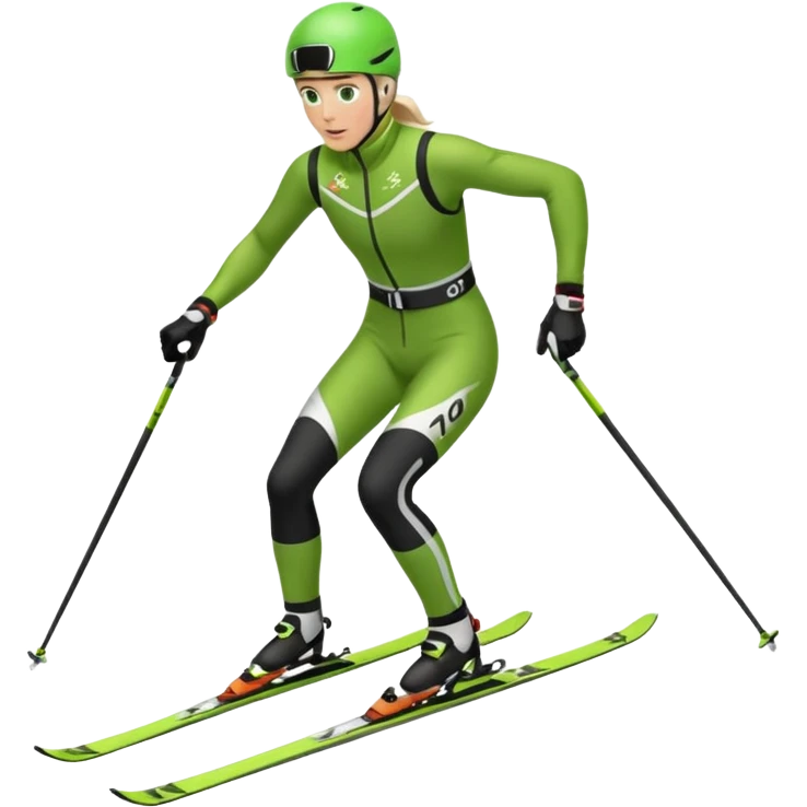 Xc ski racer in green and black clothing. Full body, classic skiing uphill emoji