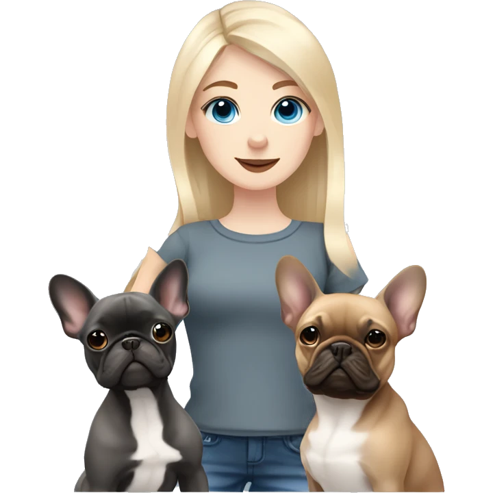 Blonde girl blue eyes holding a dark grey frenchie and a fawn pied frenchie emoji