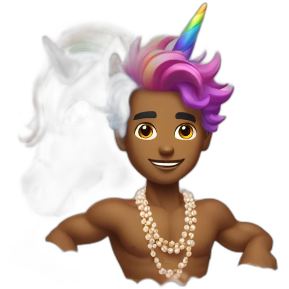 posh-muscle-boy-with-pearl-necklace-and-rainbow-unicorn-hair-in-golden-bathtub emoji