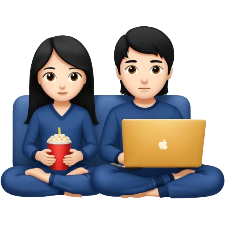 black haired boy and long haired girl in navy blue pajamas , watching movie on laptop emoji