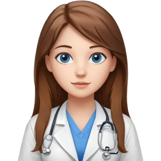 inside a classroom at university that says nursing school on the board with a pretty female nursing student with long brown hair, blue eyes emoji