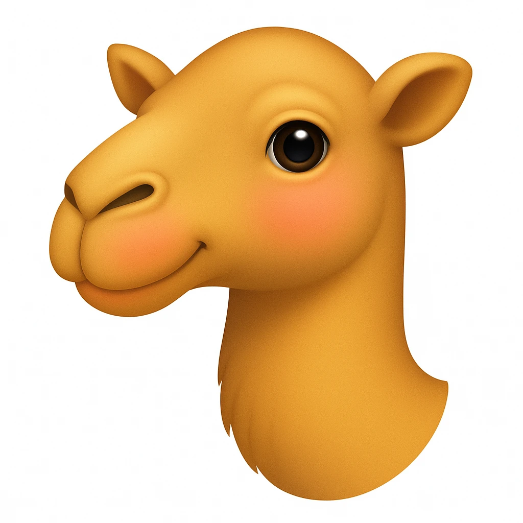 Edit the camel emoji to remove the hat, the green part of its neck, and the thing in or by its mouth. Keep all other details and style exactly like the iOS emoji style reference image. Add a slight blush to the cheeks. emoji