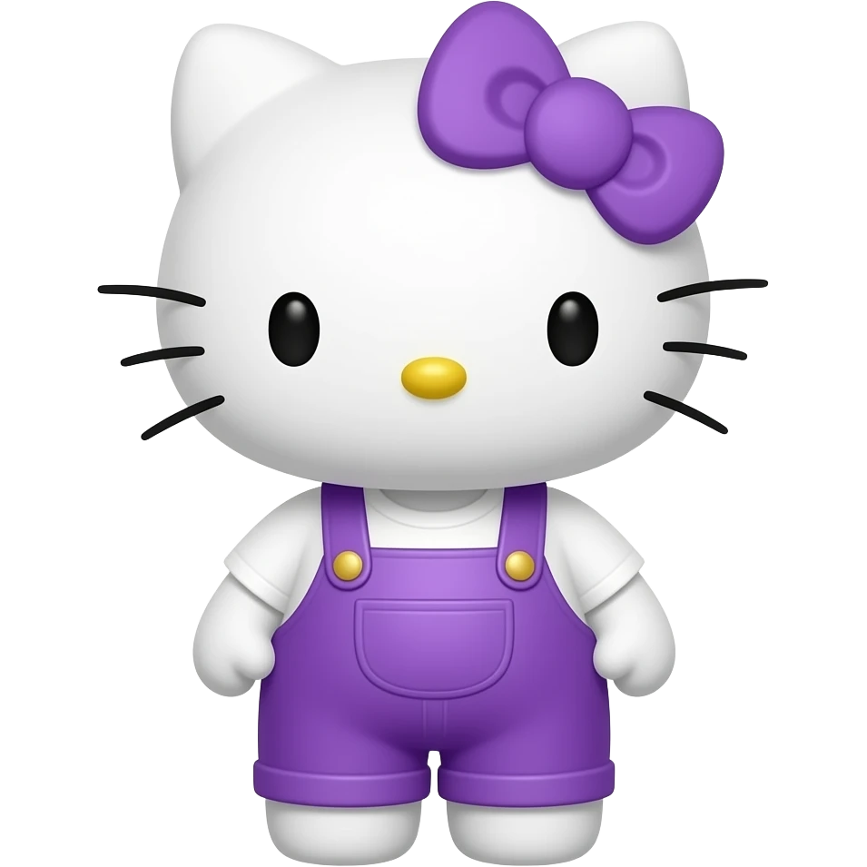 Hello Kitty wearing purple overalls and a white shirt with a purple bow emoji