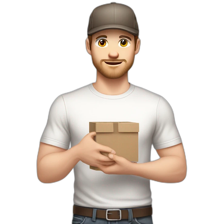 Pale skinned fit Man with dark brown hair in a light gray cap, dark brown jeans, brown polo and white T-shirt keeping a pasted with tape white box into his hands emoji