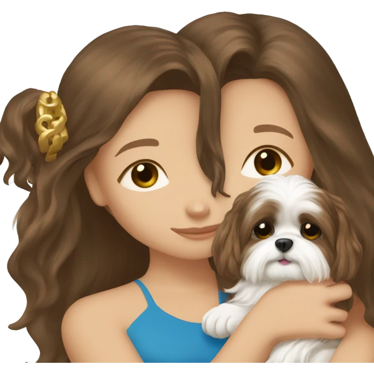Brunette girl with brown long hair and blue eyes, hugging her withe Shih tzu with gold ears emoji