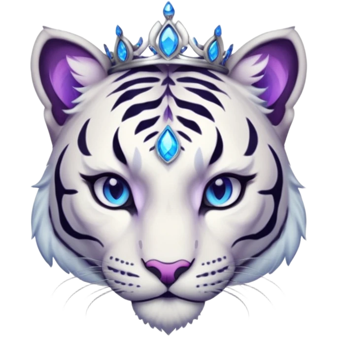 ESO Female white/black tiger khajiit leader of the umbral rose, glowing blue eyes, glowing blue 'third eye' gem; purple gem silver tiara emoji