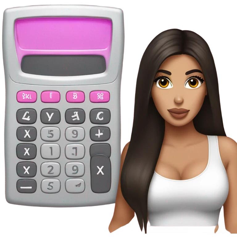 Hyper realistic kim kardashian with straight brown hair holding a small pink calculator emoji