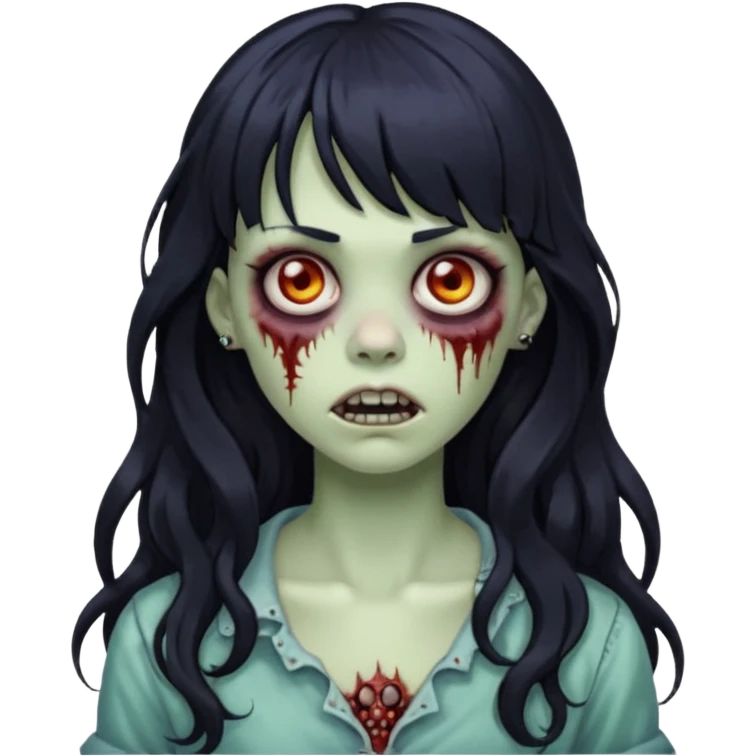 crie um kamoji estilo zumbi (feminina) com o cabelo comprido levemente ondulado e com franja preto, coloque alguns piercing  emoji