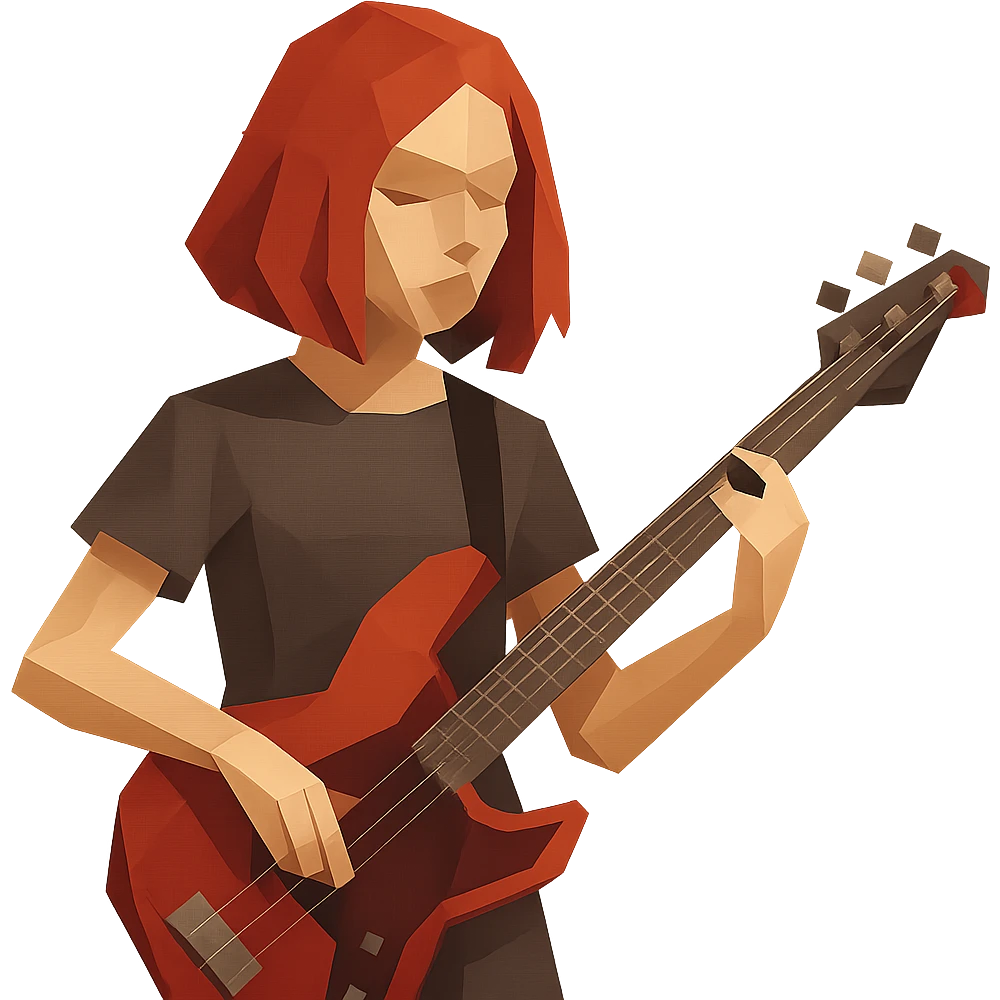 girl with red hair and red bass guitar, long bob hairstyle emoji