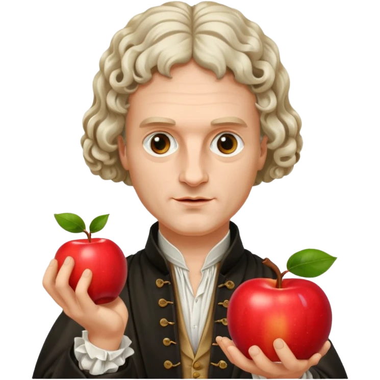 Isaac Newton wearing 17th-century aristocratic attire with long curled periwig, hold an apple emoji