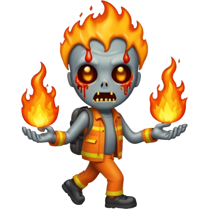 cartoon emoji-style fire zombie, walking with fire, melting features emoji