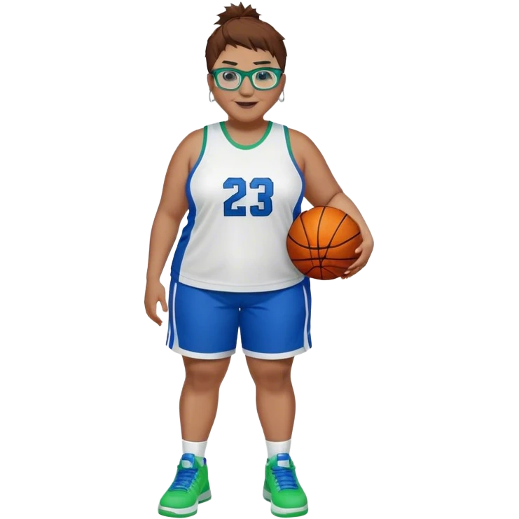 Full Body plus size white female basketball player with short medium brown hair with short spike hair wearing blue glasses 
With a small wide nose wearing blue green uniform  green sneakers smiling wearing silver hoop earrings emoji