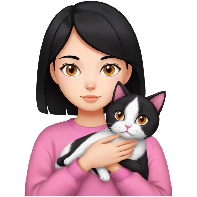 girl with black hair holding a tri-colored cat (black, orange, white) wearing a pink sweater emoji