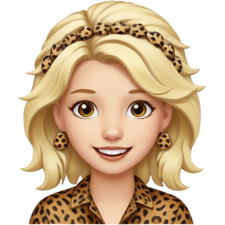 Une fille blonde et joyeuse. Elle porte une coiffure rock et originale avec des pinces pour cheveux  léopard et motif peau de vache. emoji
