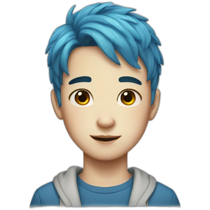Boy with freckles, blue hair and korean  emoji