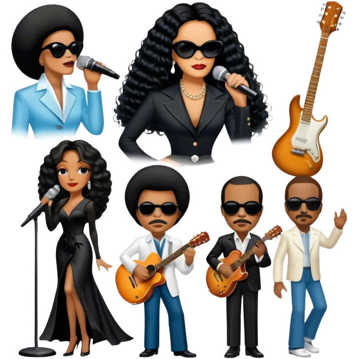 Icon for R&B Music: collage of legendary R&B artists—Diana Ross, Stevie Wonder, Marvin Gaye, Janet Jackson, Billy Ocean, and Whitney Houston. Represented by silhouettes or symbolic items like a microphone, guitar, or music notes. Transparent background. emoji