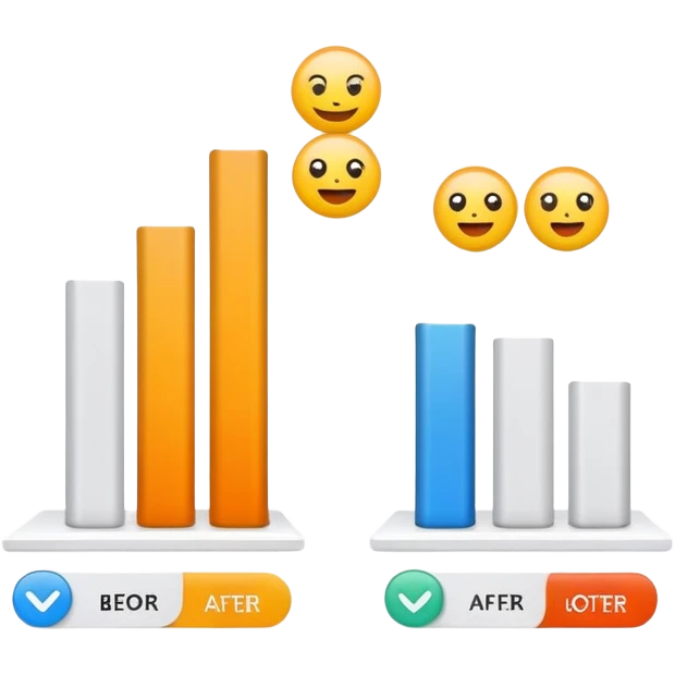 Modern presentation slide with before and after comparison emoji