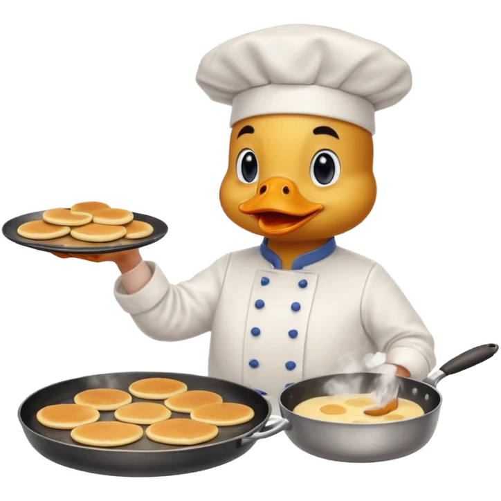 A chef duck wearing a tiny apron, making pancakes on a pan emoji