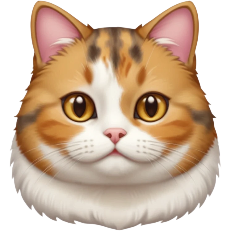 torbie and white cat with small head, hazel eyes, and short but chubby body emoji