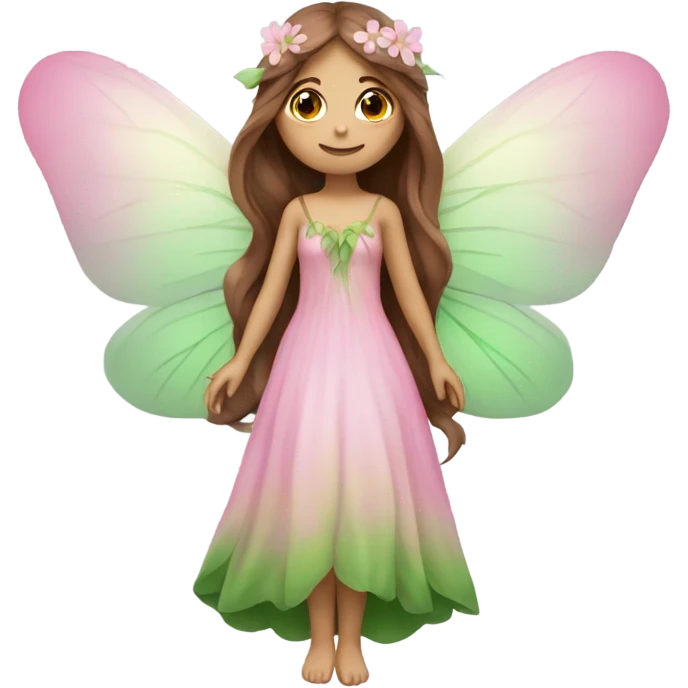 Dreamy pretty nature fairy with long brown hair , pink wings and green dress  emoji