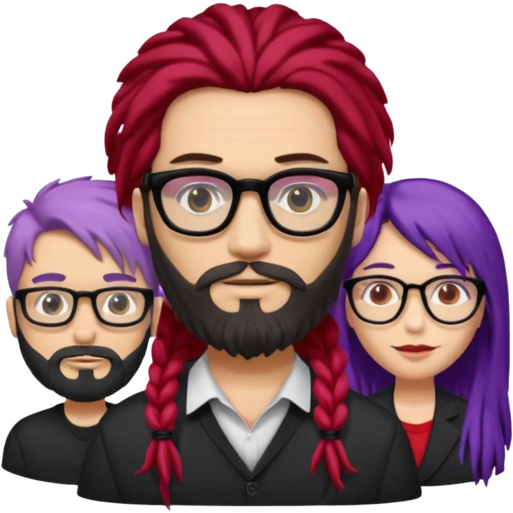 Man with long hair, glasses and Beard, next to man in black dreadlocks with red accent, woman in glasses with violet and black hair in the middle emoji