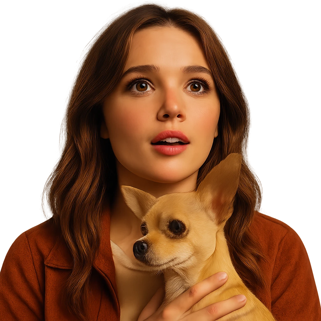 Portrait centered for Instagram profile picture, inspired by the facial features visible in the reference images, with a tanned complexion, subtle freckles, shirt color #FFF8CA, rust-colored jacket, medium-length brown hair with auburn highlights, admiring and amazed expression, holding a beige-brown chihuahua, Netflix series style, transparent background, intimate Tenerife ambiance. emoji