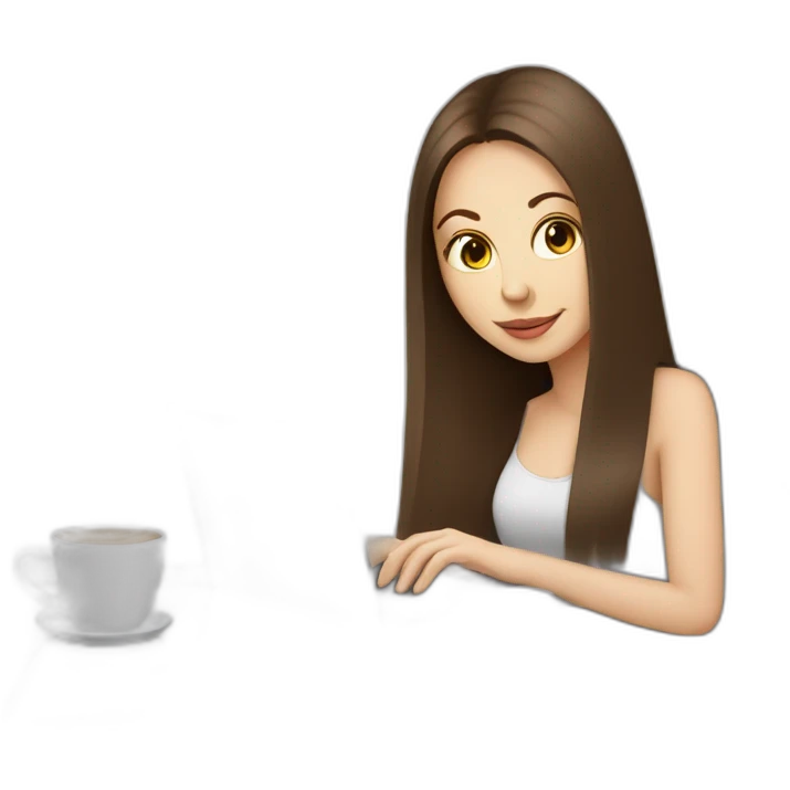 woman with long straight brown hair and pale skin using a laptop as a tray for a coffee mug emoji