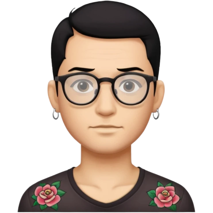 man with tattoo, black hair, wearing glasses, have 1 earring emoji