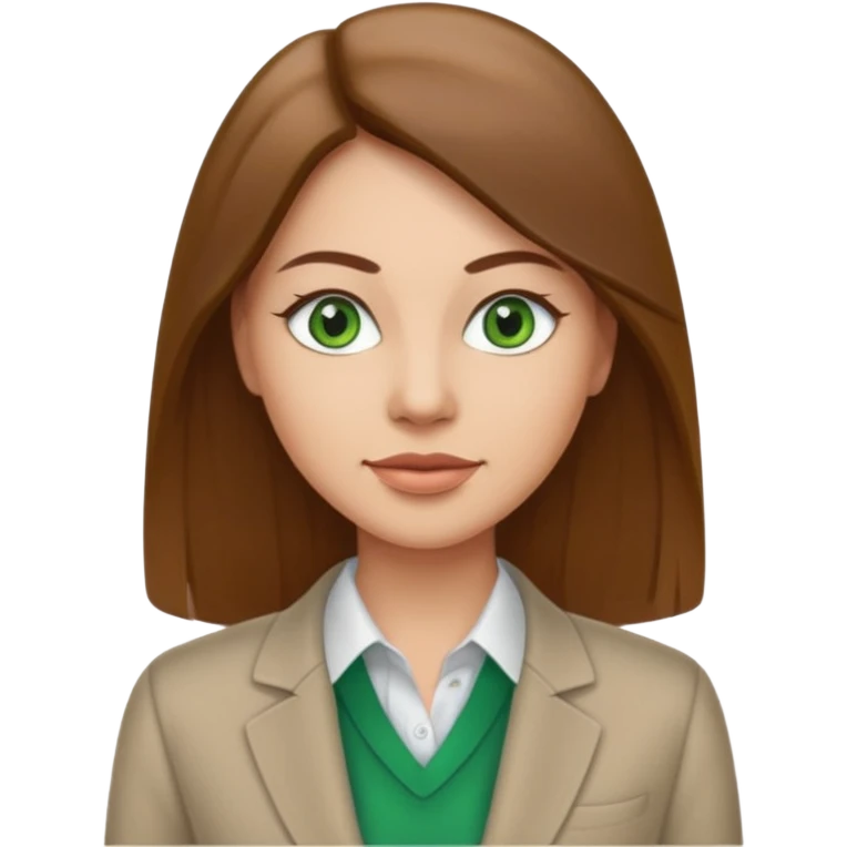Adult woman avatar, light skin tone, oval face, straight long brown hair, green eyes, neutral mouth, business casual  emoji