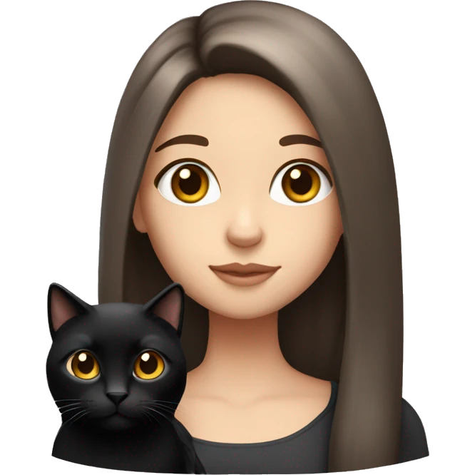 Brunette girl with long hair and brown eyes and fair skin holding a black cat emoji